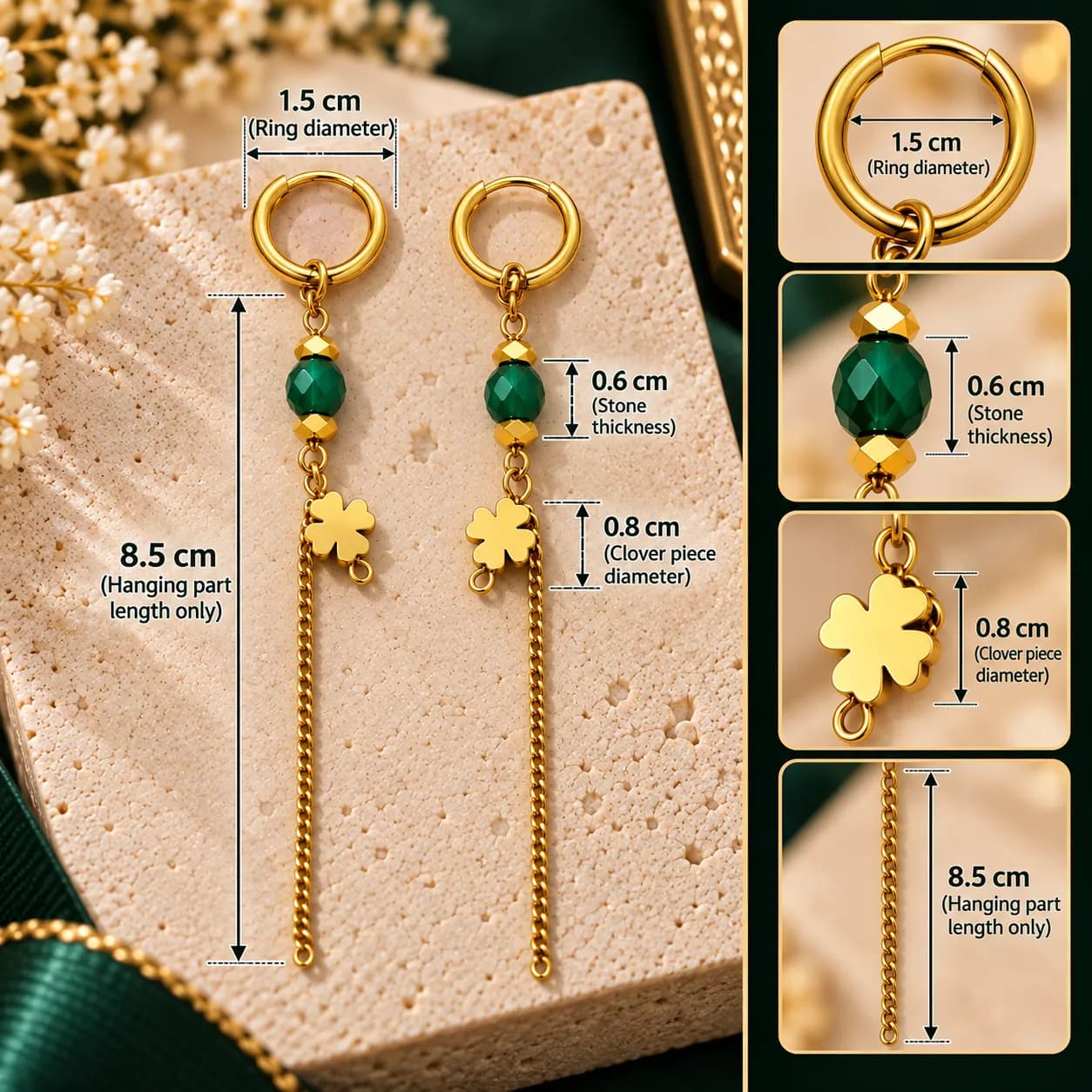 316L Stainless Steel 18KT Gold-Tone Long Drop Earrings β Emerald Clover