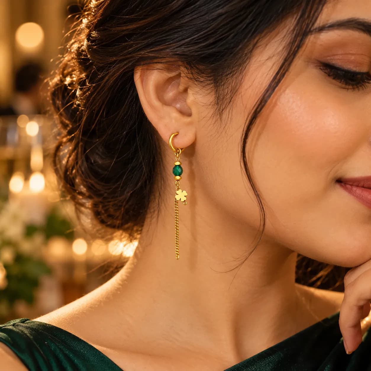 316L Stainless Steel 18KT Gold-Tone Long Drop Earrings β Emerald Clover