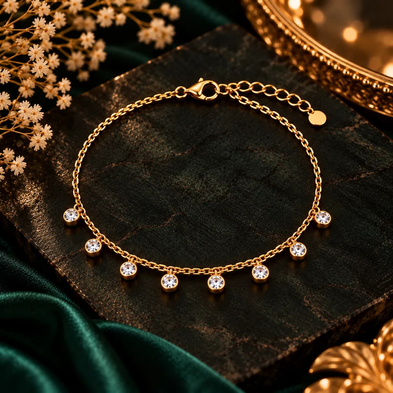 316L Stainless Steel 18KT Gold-Tone Chain Bracelet – 8-Stone Design