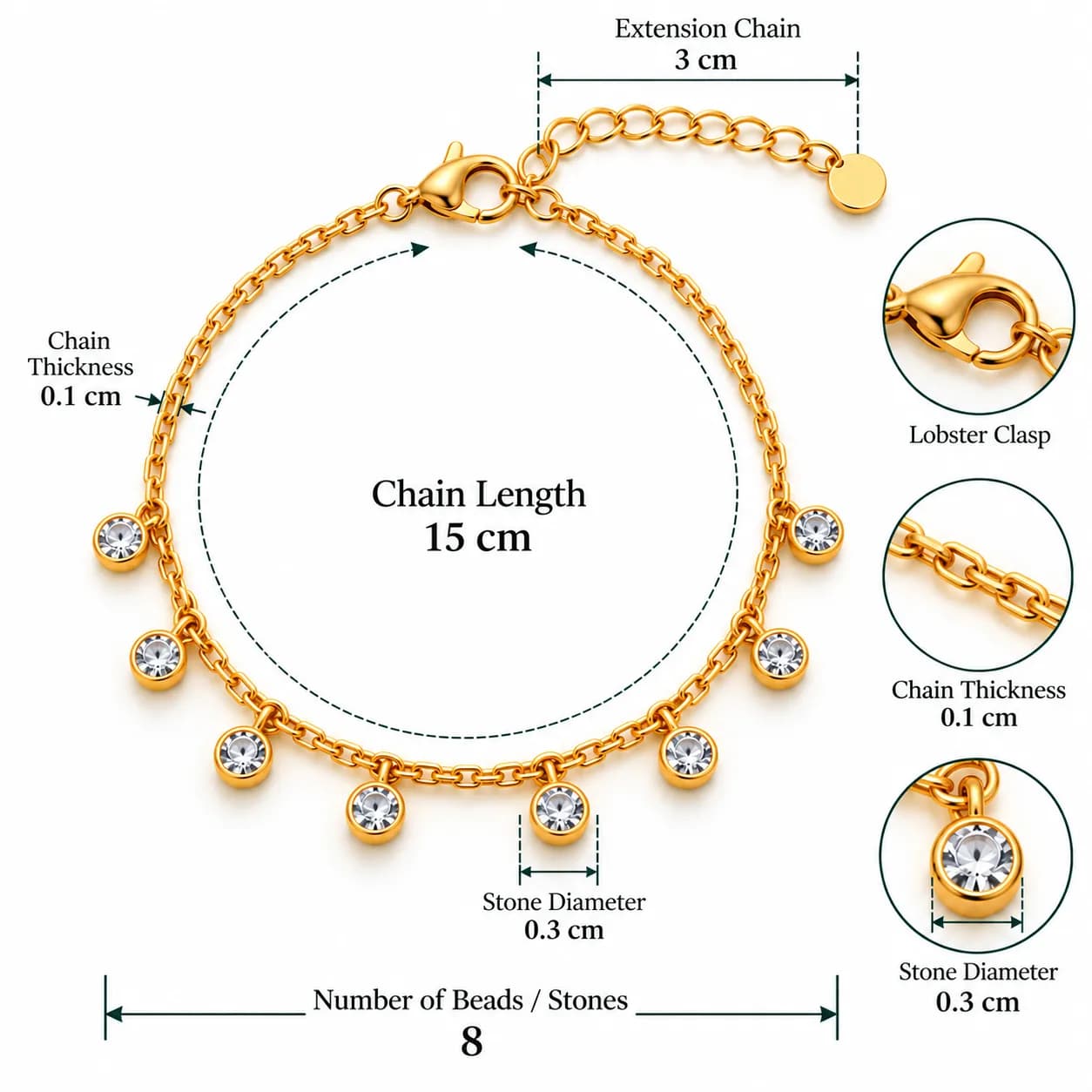 316L Stainless Steel 18KT Gold-Tone Chain Bracelet β 8-Stone Design