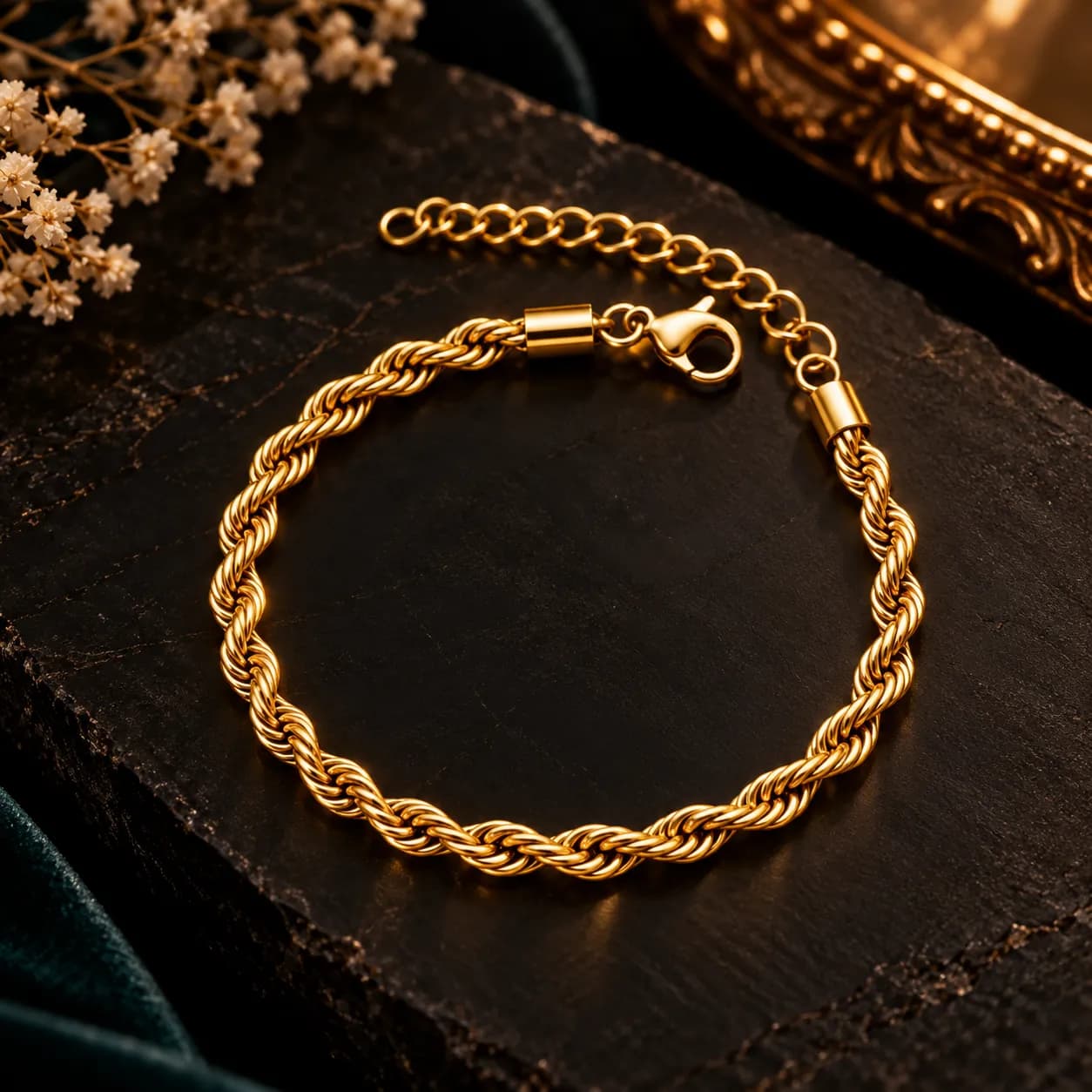 304 Stainless Steel 18KT Gold-Tone Rope Chain Bracelet